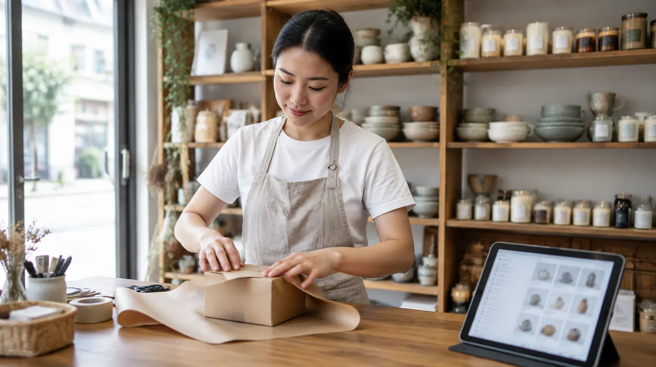 Small shop owner packing a parcel behind the counter with an online order list on a tablet