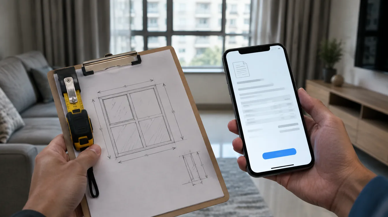 Hands holding a clipboard with a handwritten window measurement next to a phone showing a PDF invoice