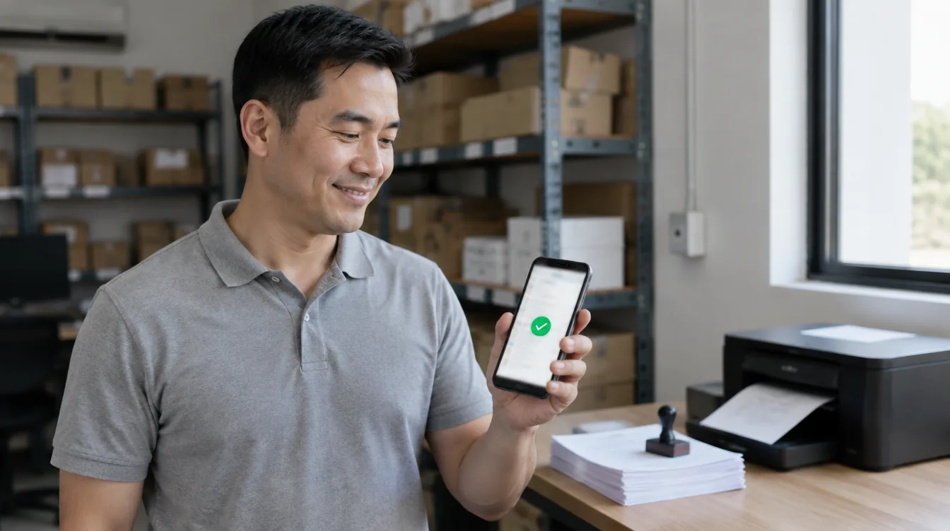 Business owner checking a completed order on his phone next to a printer in a warehouse office