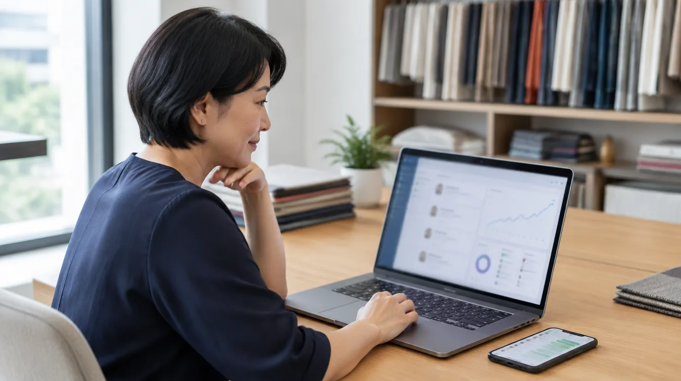 Business owner reviewing a CRM dashboard on a laptop in a bright showroom office